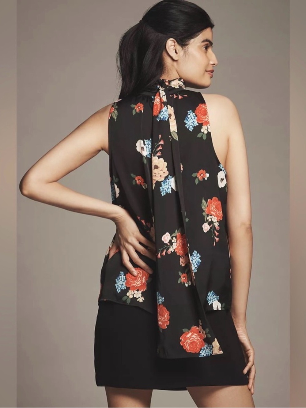 Anthropologie Black Floral Lace-Trim Halter Top - Picture 5 of 8